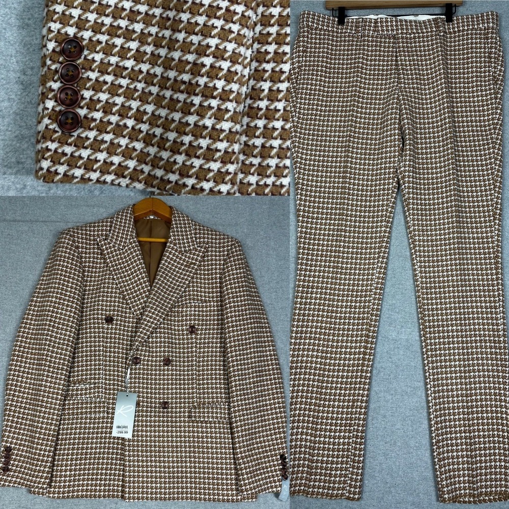NEW Rossi Man Milano Double Breasted Suit 44R Brown Houndstooth Wool Blend